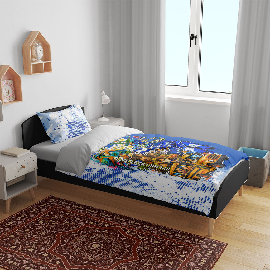 Nicaragua Independence Day Bedding Set Blue Butterfly Sacred Sacuanjoche Cultural Floral Art