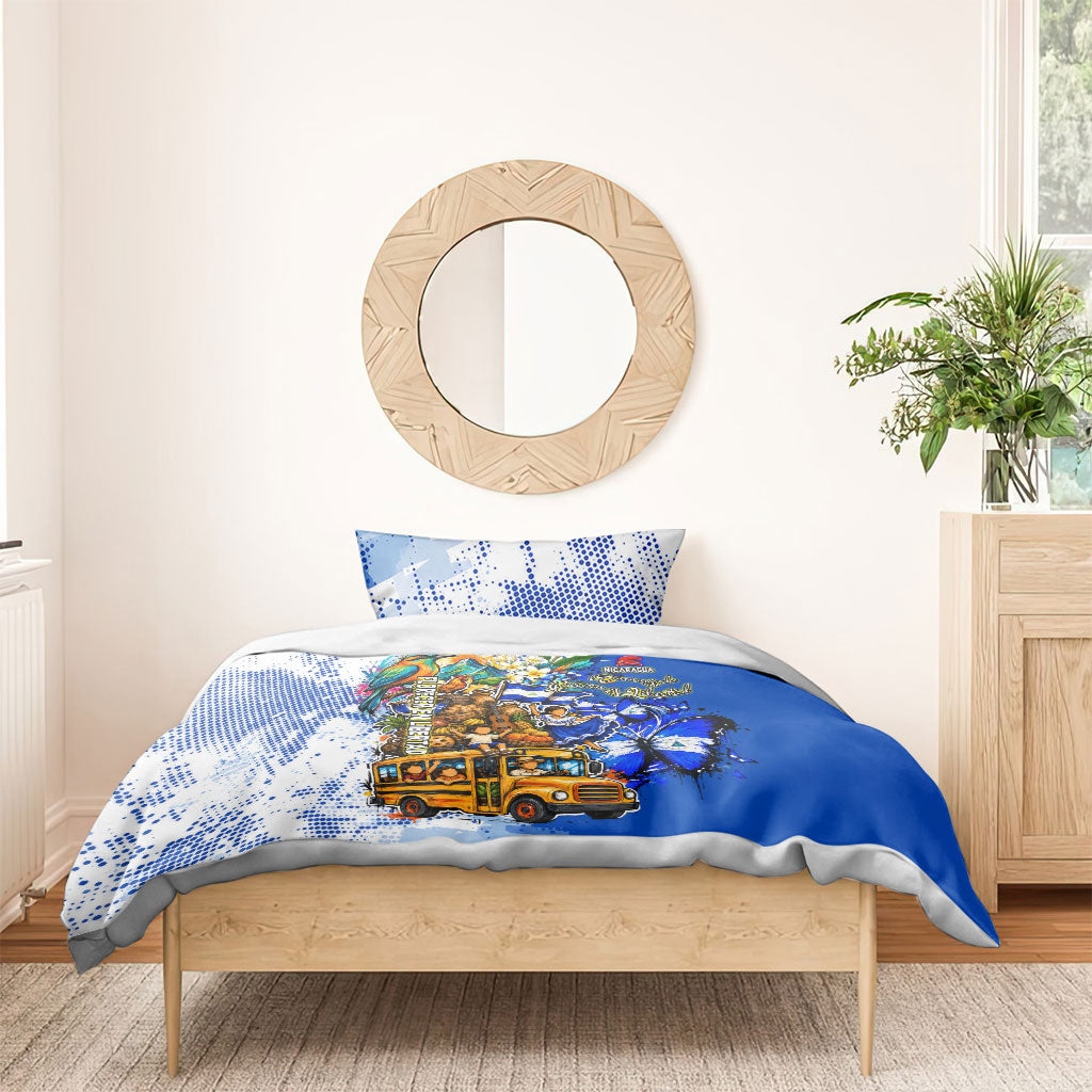 Nicaragua Independence Day Bedding Set Blue Butterfly Sacred Sacuanjoche Cultural Floral Art