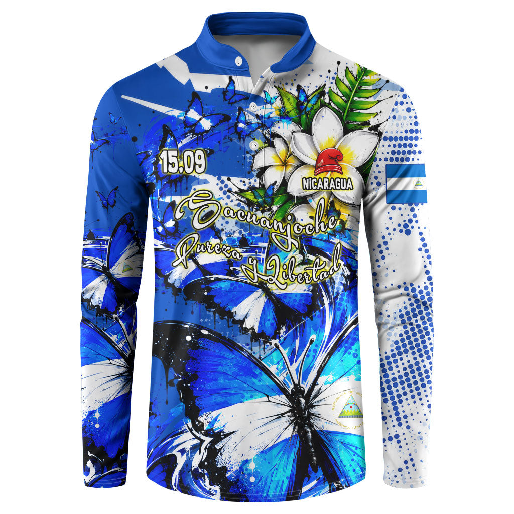 Nicaragua Independence Day Button Sweatshirt Blue Butterfly Sacred Sacuanjoche Cultural Floral Art