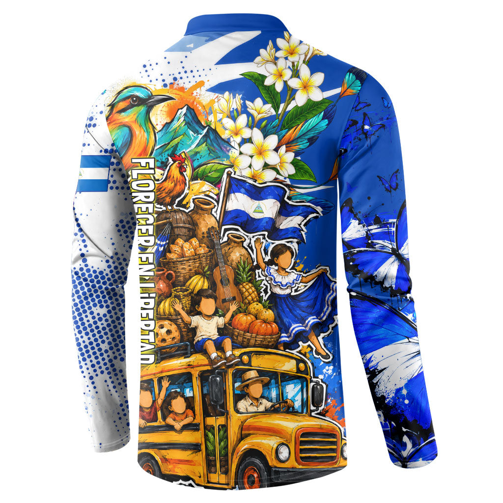 Nicaragua Independence Day Button Sweatshirt Blue Butterfly Sacred Sacuanjoche Cultural Floral Art