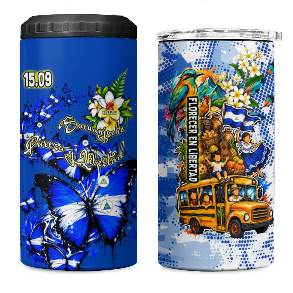 Nicaragua Independence Day 4 in 1 Can Cooler Tumbler Blue Butterfly Sacred Sacuanjoche Cultural Floral Art