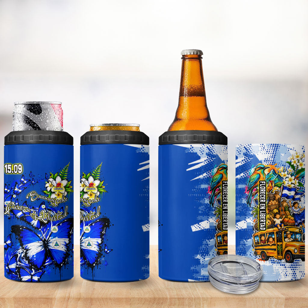 Nicaragua Independence Day 4 in 1 Can Cooler Tumbler Blue Butterfly Sacred Sacuanjoche Cultural Floral Art