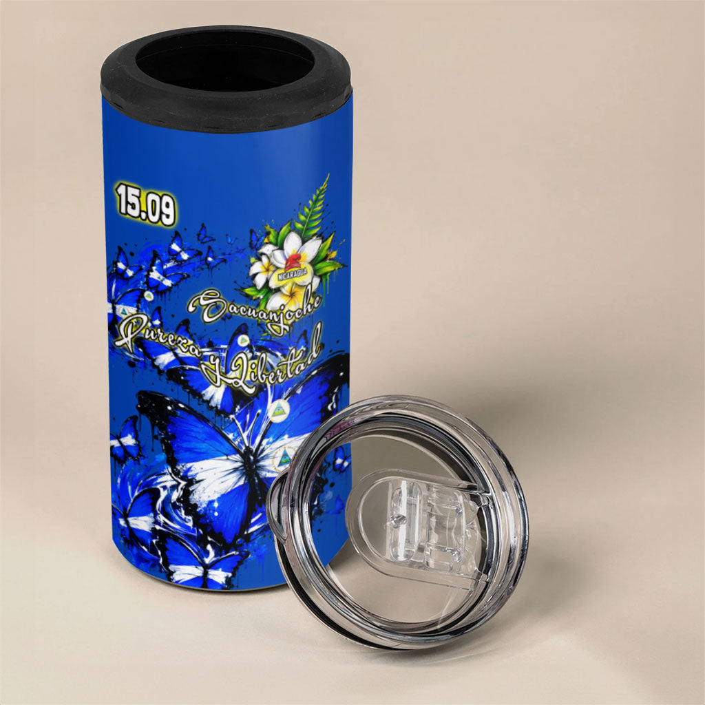 Nicaragua Independence Day 4 in 1 Can Cooler Tumbler Blue Butterfly Sacred Sacuanjoche Cultural Floral Art