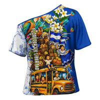 Nicaragua Independence Day Cross Shoulder Shirt Blue Butterfly Sacred Sacuanjoche Cultural Floral Art