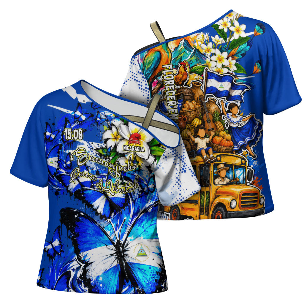 Nicaragua Independence Day Cross Shoulder Shirt Blue Butterfly Sacred Sacuanjoche Cultural Floral Art