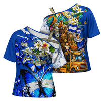 Nicaragua Independence Day Cross Shoulder Shirt Blue Butterfly Sacred Sacuanjoche Cultural Floral Art