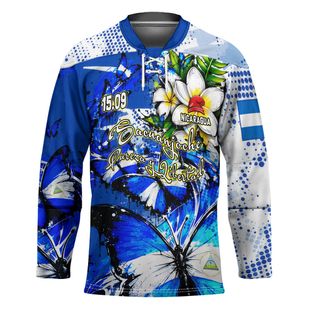 Nicaragua Independence Day Hockey Jersey Blue Butterfly Sacred Sacuanjoche Cultural Floral Art