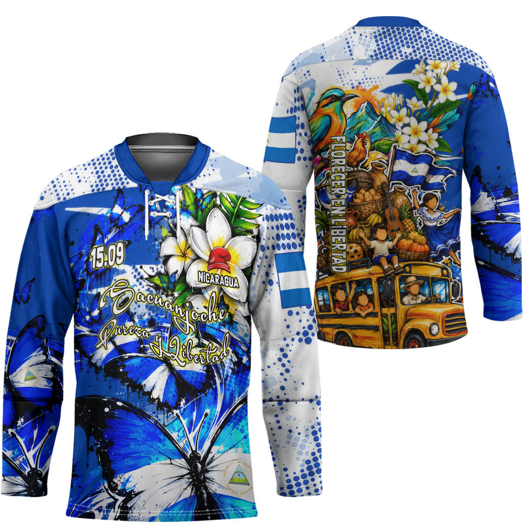 Nicaragua Independence Day Hockey Jersey Blue Butterfly Sacred Sacuanjoche Cultural Floral Art