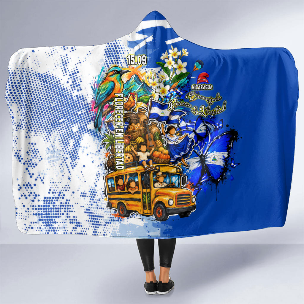 Nicaragua Independence Day Hooded Blanket Blue Butterfly Sacred Sacuanjoche Cultural Floral Art