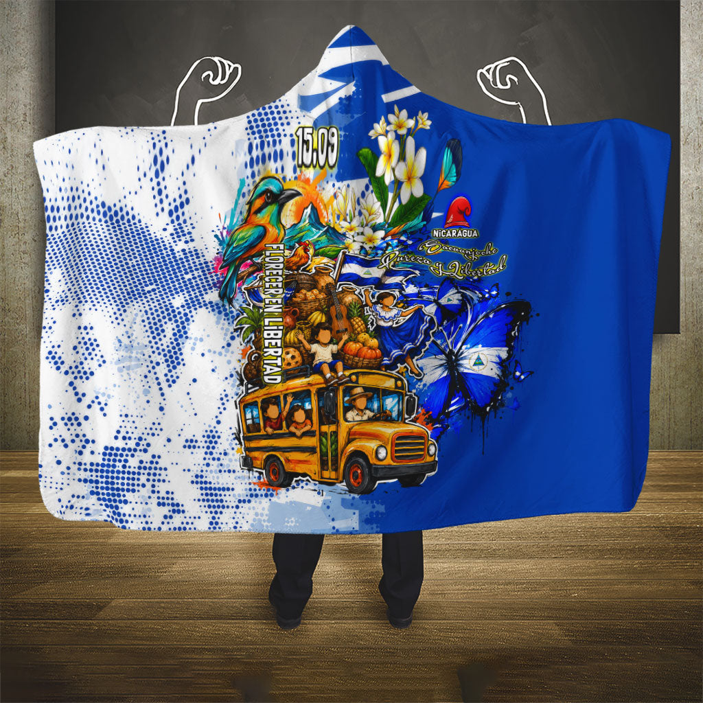 Nicaragua Independence Day Hooded Blanket Blue Butterfly Sacred Sacuanjoche Cultural Floral Art