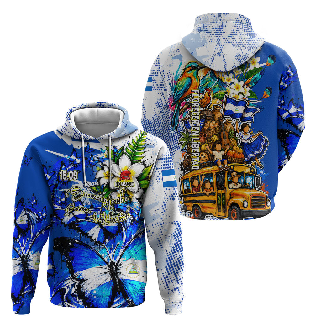 Nicaragua Independence Day Hoodie Blue Butterfly Sacred Sacuanjoche Cultural Floral Art