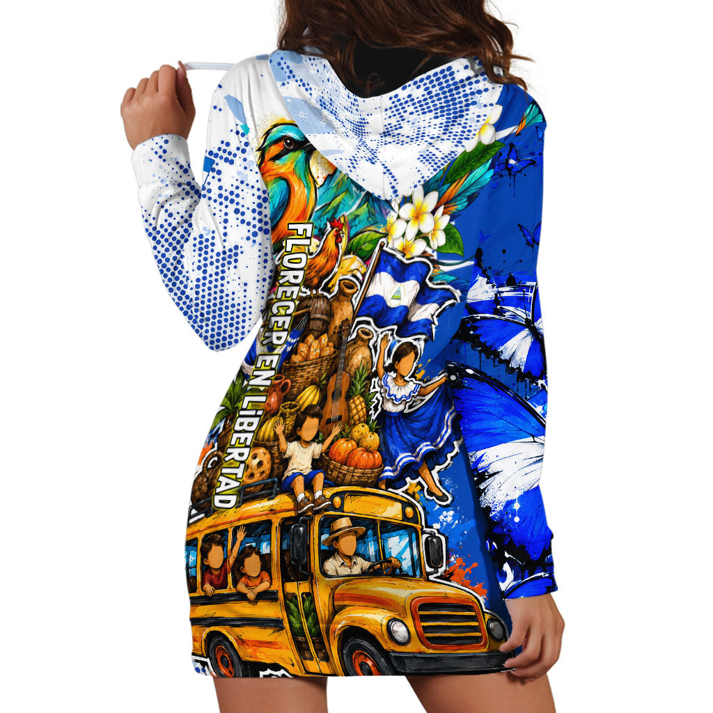 Nicaragua Independence Day Hoodie Dress Blue Butterfly Sacred Sacuanjoche Cultural Floral Art