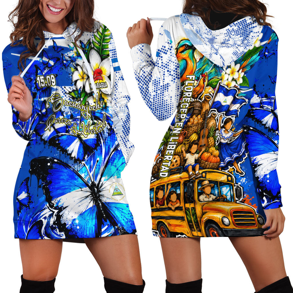 Nicaragua Independence Day Hoodie Dress Blue Butterfly Sacred Sacuanjoche Cultural Floral Art