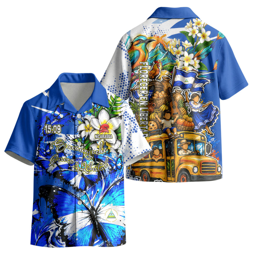 Nicaragua Independence Day Kid Hawaiian Shirt Blue Butterfly Sacred Sacuanjoche Cultural Floral Art
