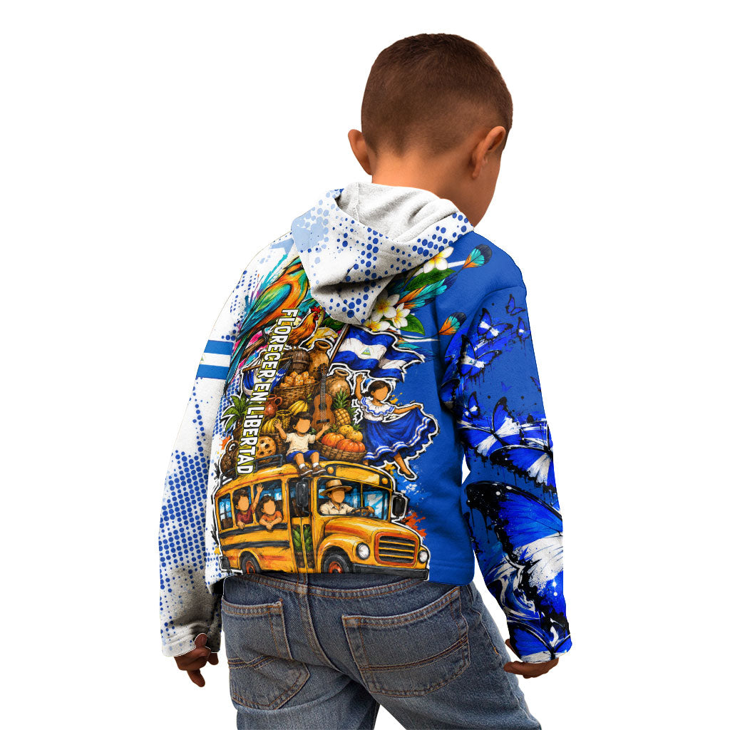 Nicaragua Independence Day Kid Hoodie Blue Butterfly Sacred Sacuanjoche Cultural Floral Art