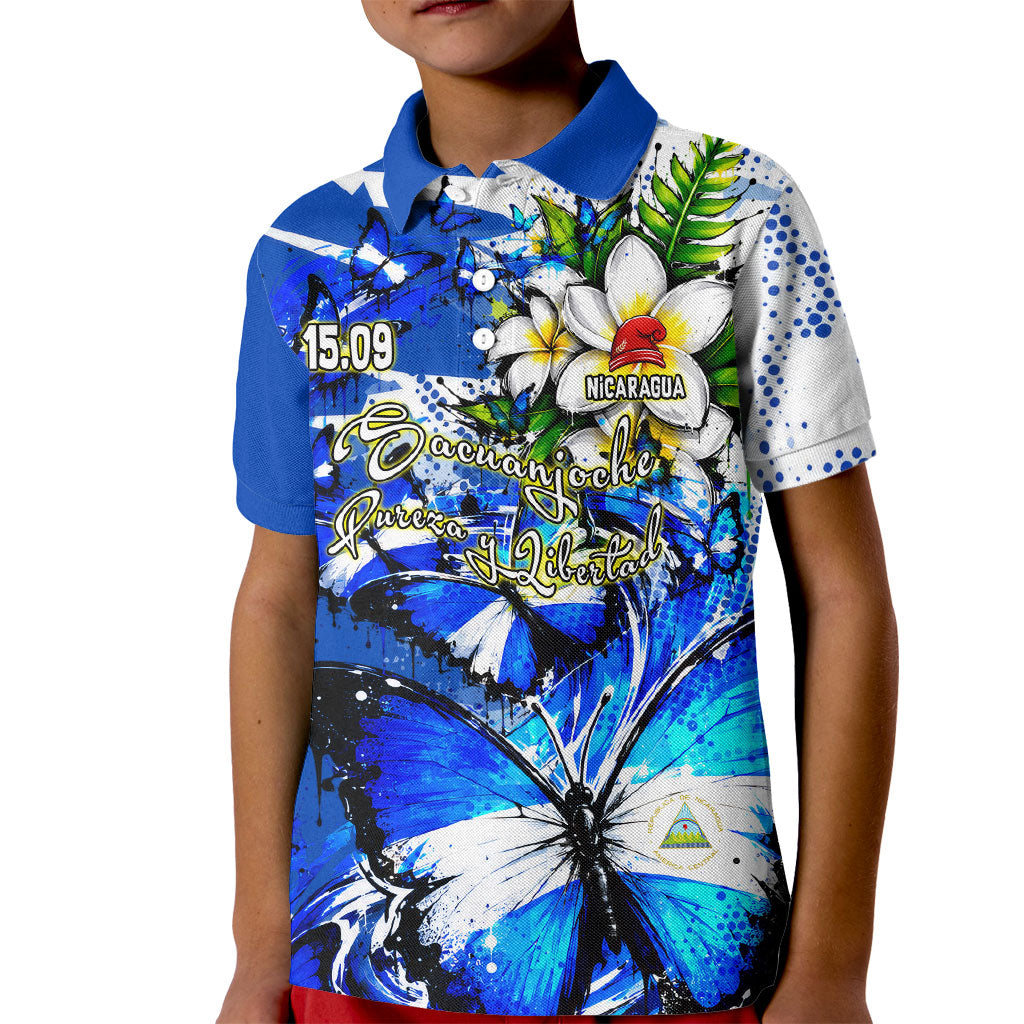 Nicaragua Independence Day Kid Polo Shirt Blue Butterfly Sacred Sacuanjoche Cultural Floral Art