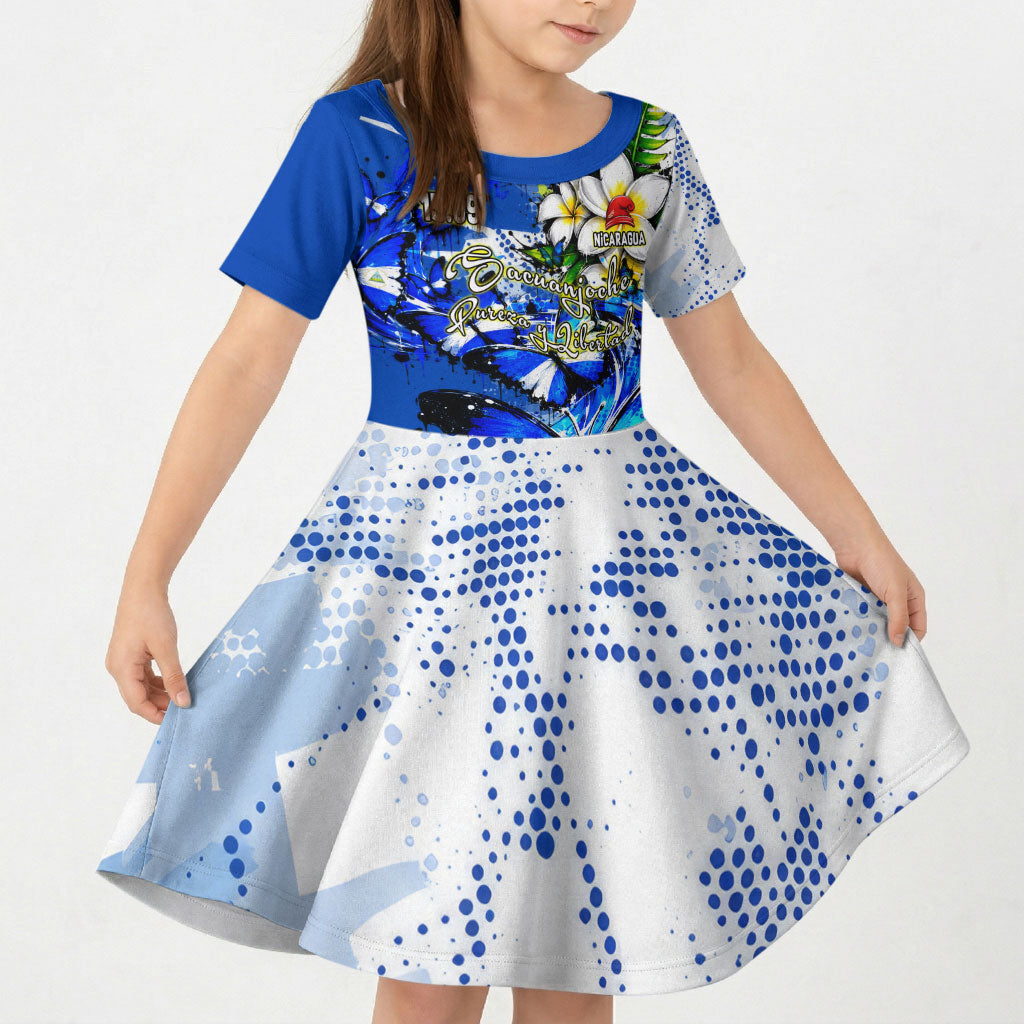 Nicaragua Independence Day Kid Short Sleeve Dress Blue Butterfly Sacred Sacuanjoche Cultural Floral Art