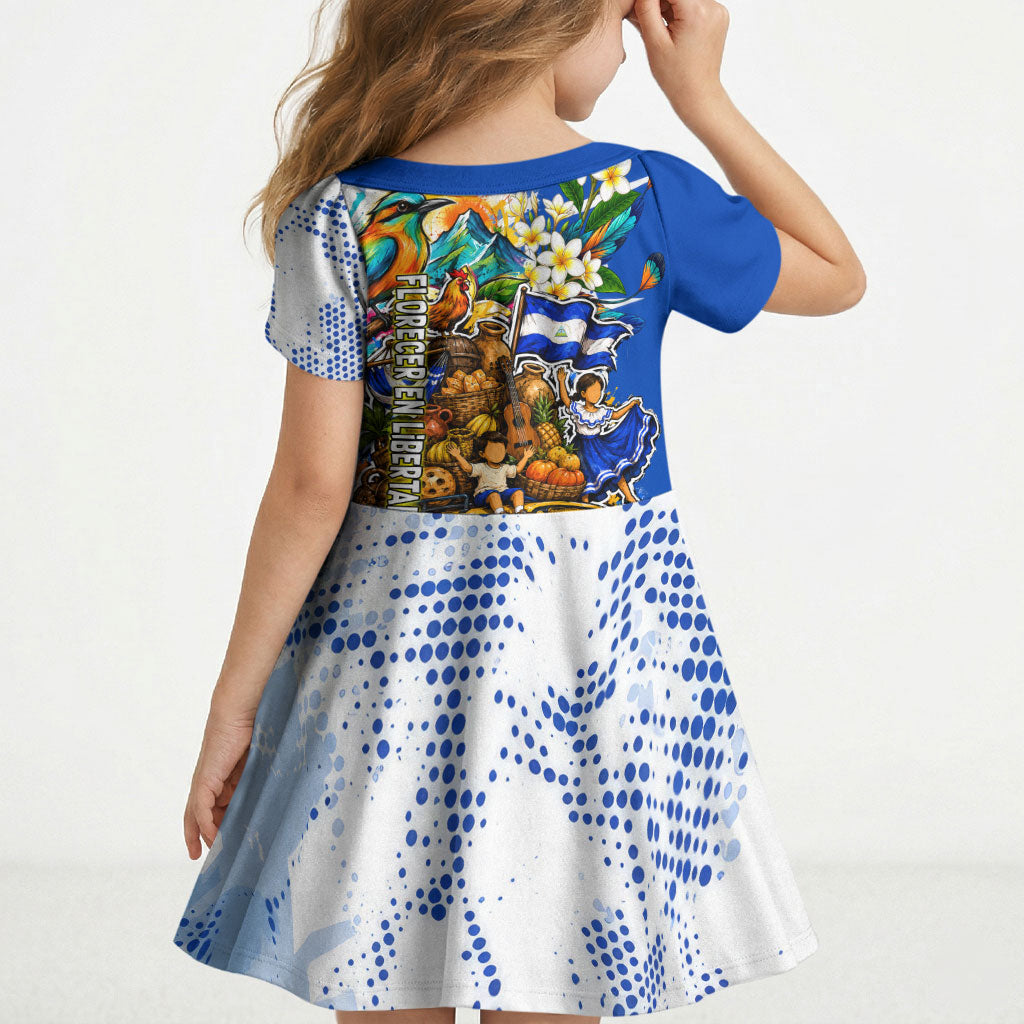 Nicaragua Independence Day Kid Short Sleeve Dress Blue Butterfly Sacred Sacuanjoche Cultural Floral Art