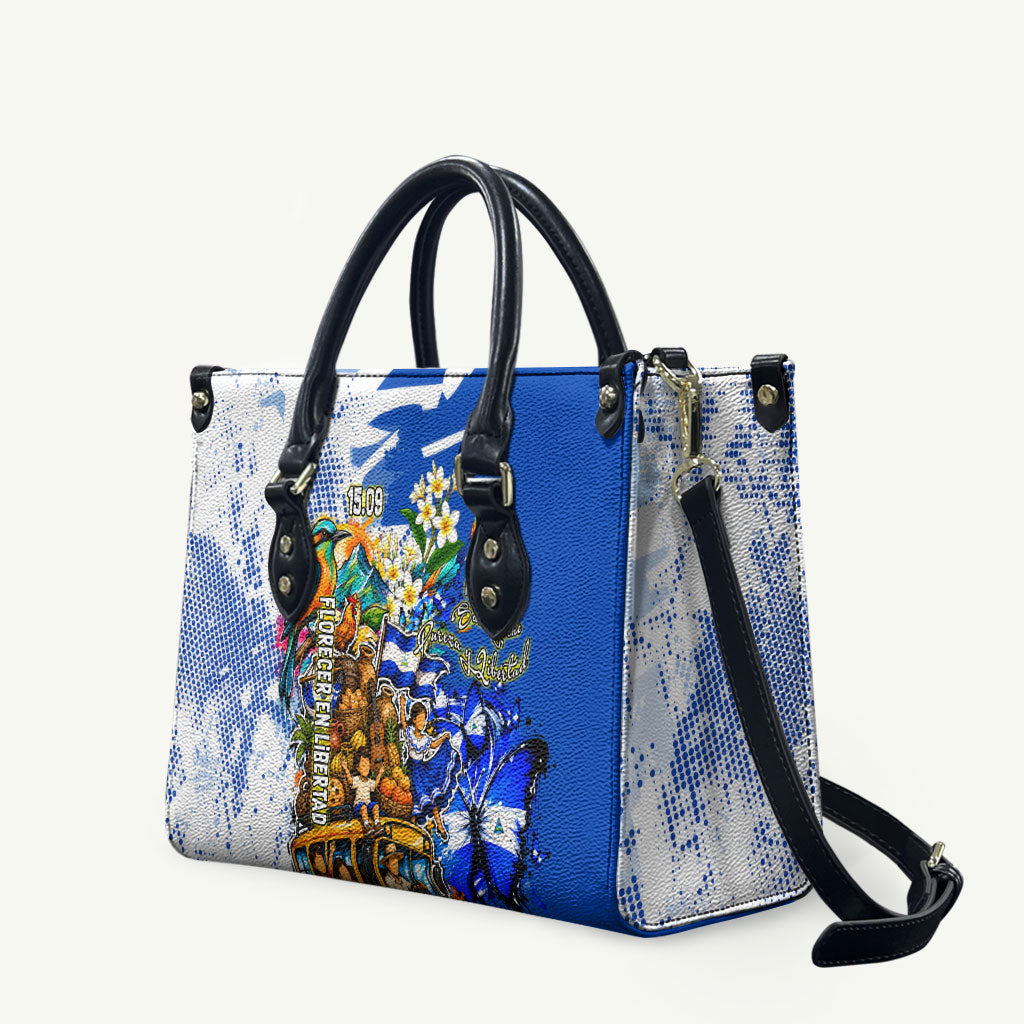 Nicaragua Independence Day Leather Bag Blue Butterfly Sacred Sacuanjoche Cultural Floral Art