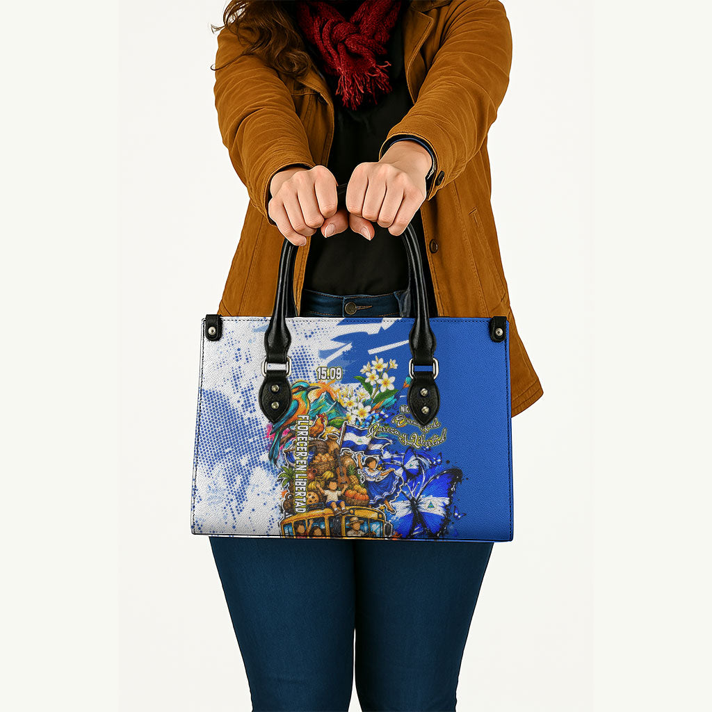 Nicaragua Independence Day Leather Bag Blue Butterfly Sacred Sacuanjoche Cultural Floral Art