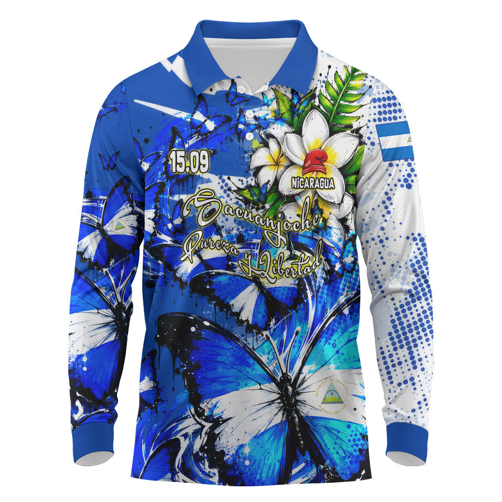 Nicaragua Independence Day Long Sleeve Polo Shirt Blue Butterfly Sacred Sacuanjoche Cultural Floral Art