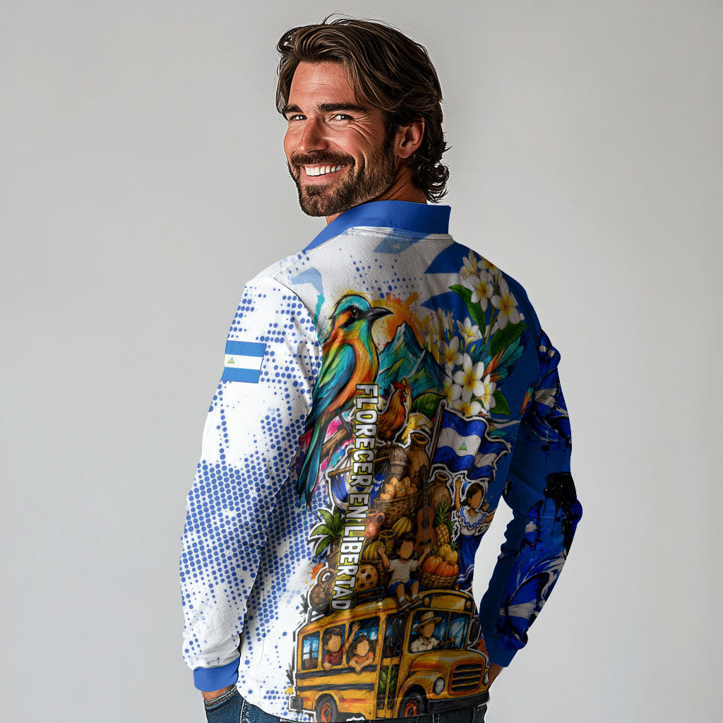 Nicaragua Independence Day Long Sleeve Polo Shirt Blue Butterfly Sacred Sacuanjoche Cultural Floral Art