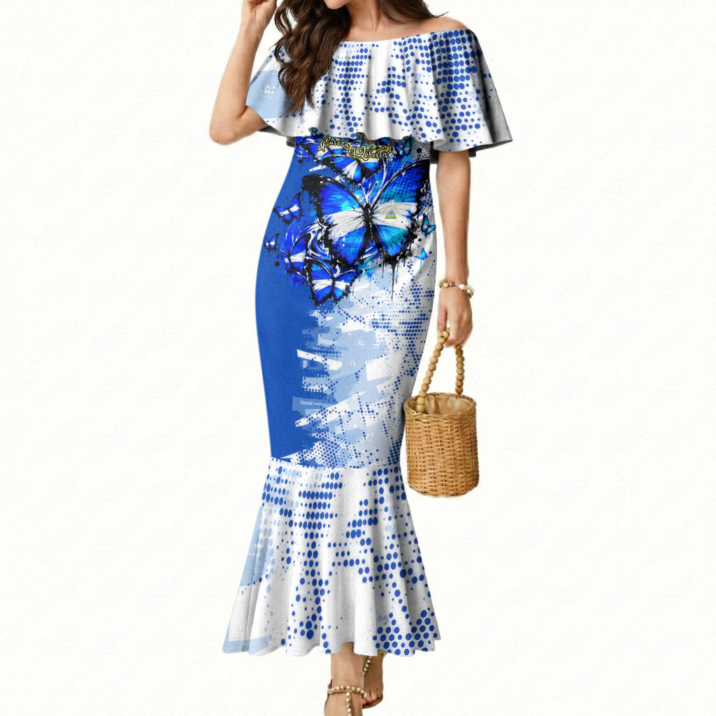 Nicaragua Independence Day Mermaid Dress Blue Butterfly Sacred Sacuanjoche Cultural Floral Art