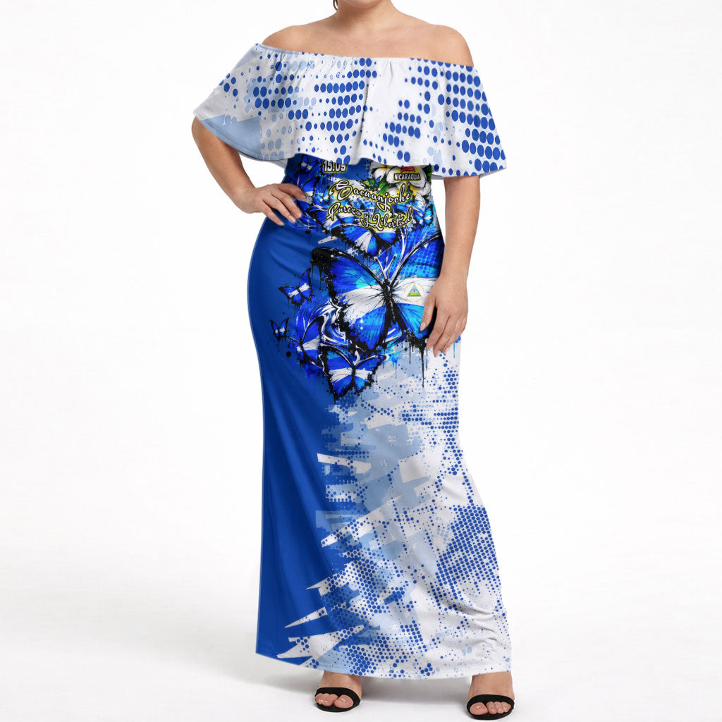 Nicaragua Independence Day Off Shoulder Maxi Dress Blue Butterfly Sacred Sacuanjoche Cultural Floral Art
