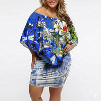Nicaragua Independence Day Off Shoulder Short Dress Blue Butterfly Sacred Sacuanjoche Cultural Floral Art