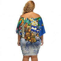 Nicaragua Independence Day Off Shoulder Short Dress Blue Butterfly Sacred Sacuanjoche Cultural Floral Art