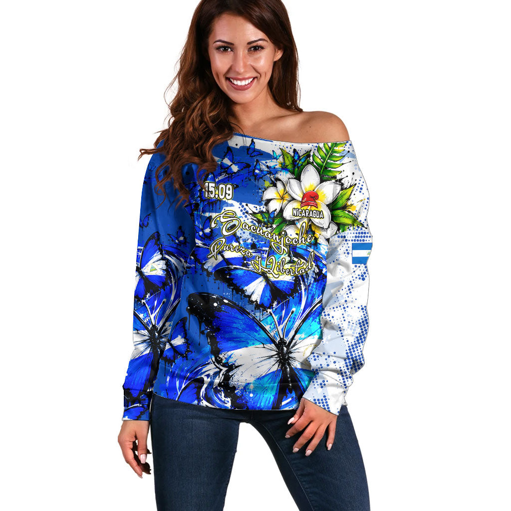 Nicaragua Independence Day Off Shoulder Sweater Blue Butterfly Sacred Sacuanjoche Cultural Floral Art