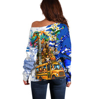 Nicaragua Independence Day Off Shoulder Sweater Blue Butterfly Sacred Sacuanjoche Cultural Floral Art