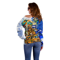 Nicaragua Independence Day Off Shoulder Sweater Blue Butterfly Sacred Sacuanjoche Cultural Floral Art