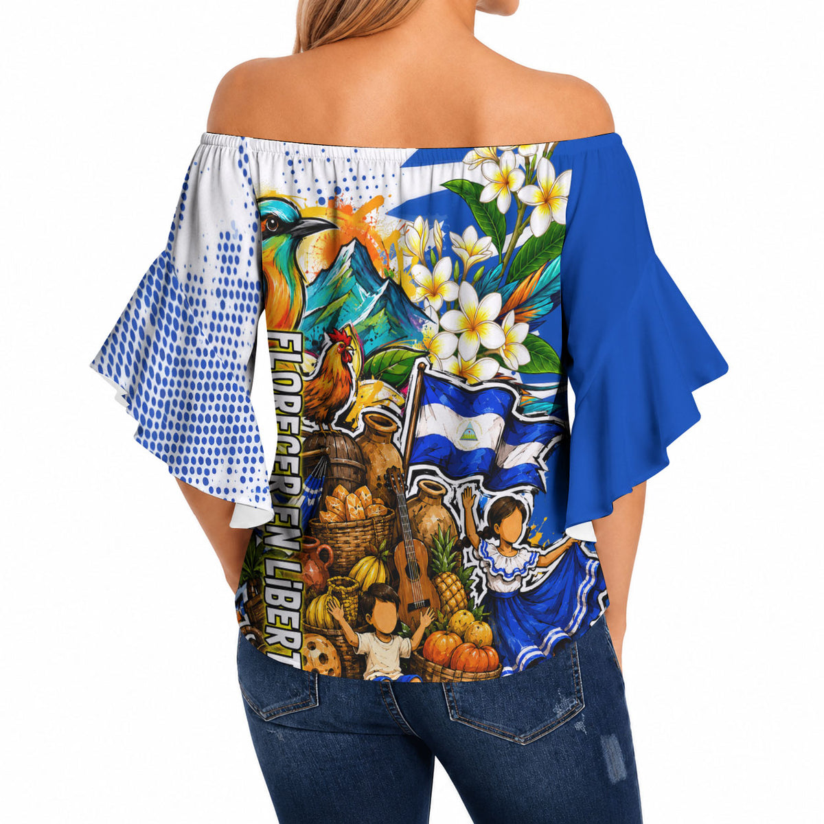 Nicaragua Independence Day Off Shoulder Wrap Waist Top Blue Butterfly Sacred Sacuanjoche Cultural Floral Art