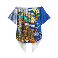 Nicaragua Independence Day Off Shoulder Wrap Waist Top Blue Butterfly Sacred Sacuanjoche Cultural Floral Art