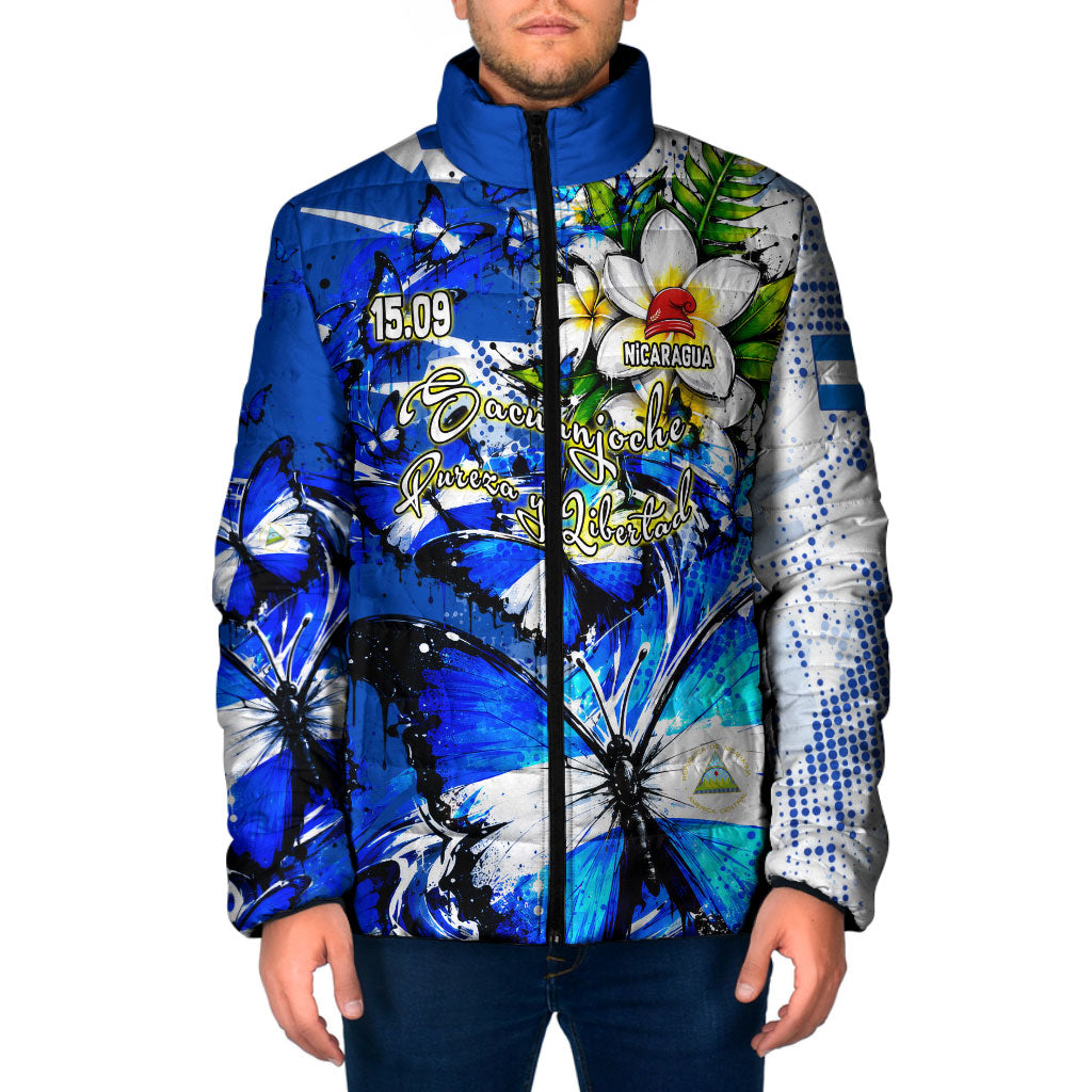 Nicaragua Independence Day Padded Jacket Blue Butterfly Sacred Sacuanjoche Cultural Floral Art
