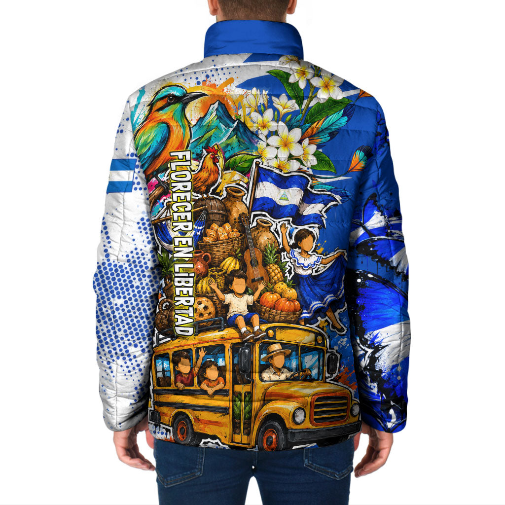 Nicaragua Independence Day Padded Jacket Blue Butterfly Sacred Sacuanjoche Cultural Floral Art