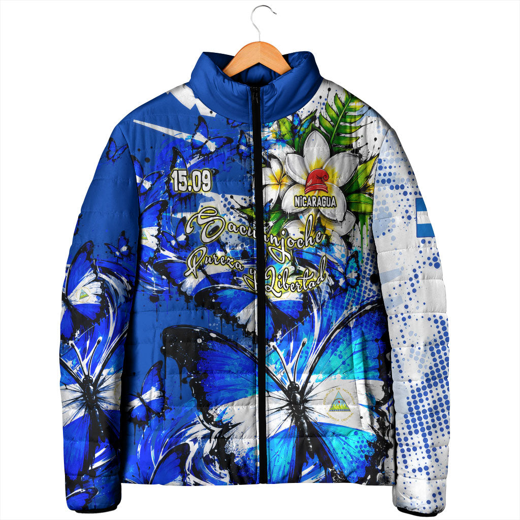 Nicaragua Independence Day Padded Jacket Blue Butterfly Sacred Sacuanjoche Cultural Floral Art