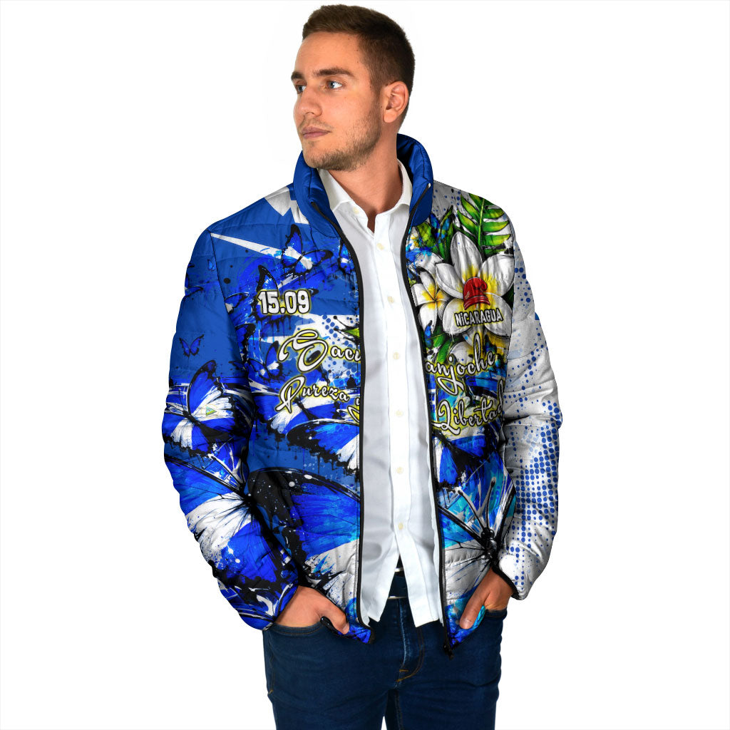 Nicaragua Independence Day Padded Jacket Blue Butterfly Sacred Sacuanjoche Cultural Floral Art
