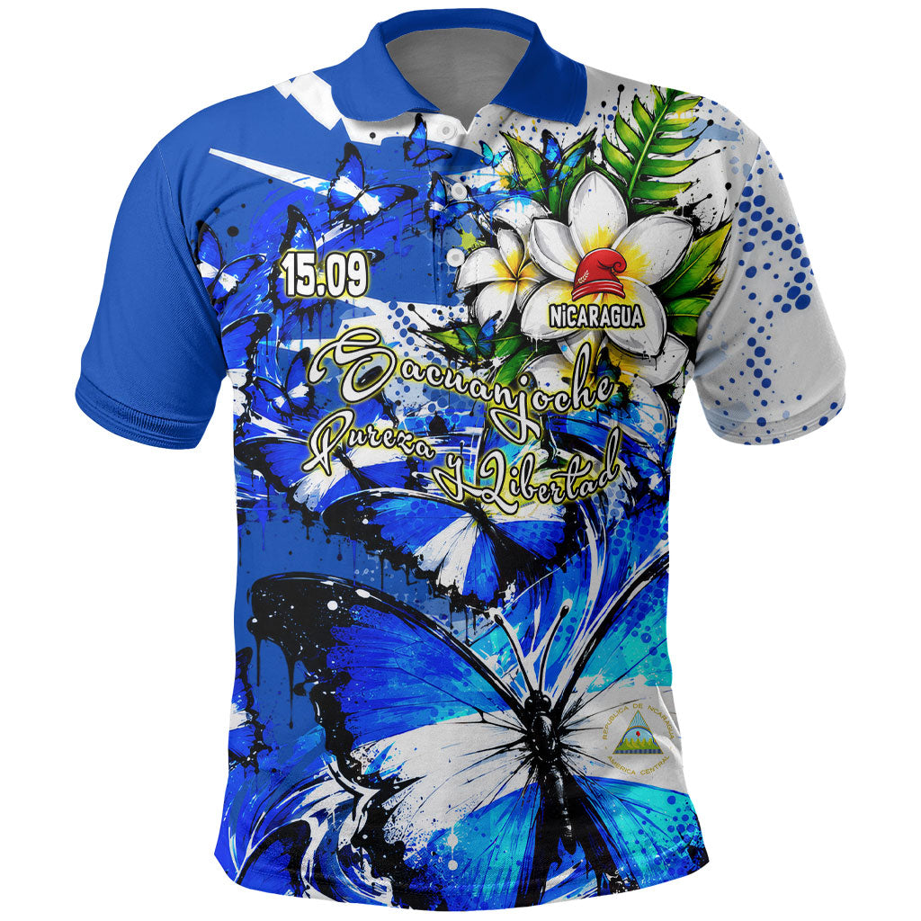 Nicaragua Independence Day Polo Shirt Blue Butterfly Sacred Sacuanjoche Cultural Floral Art