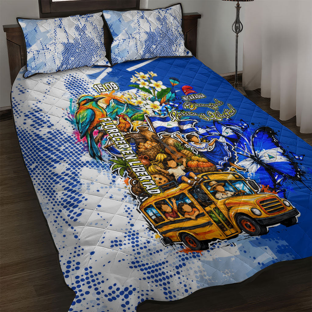 Nicaragua Independence Day Quilt Bed Set Blue Butterfly Sacred Sacuanjoche Cultural Floral Art