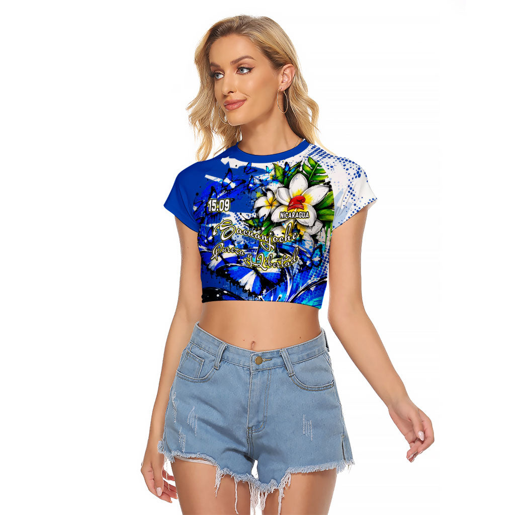 Nicaragua Independence Day Raglan Cropped T Shirt Blue Butterfly Sacred Sacuanjoche Cultural Floral Art