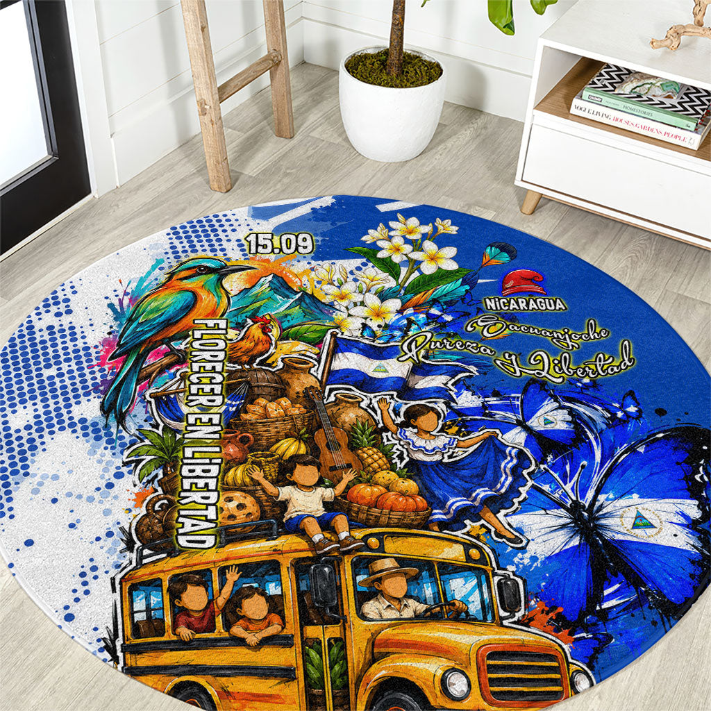 Nicaragua Independence Day Round Carpet Blue Butterfly Sacred Sacuanjoche Cultural Floral Art