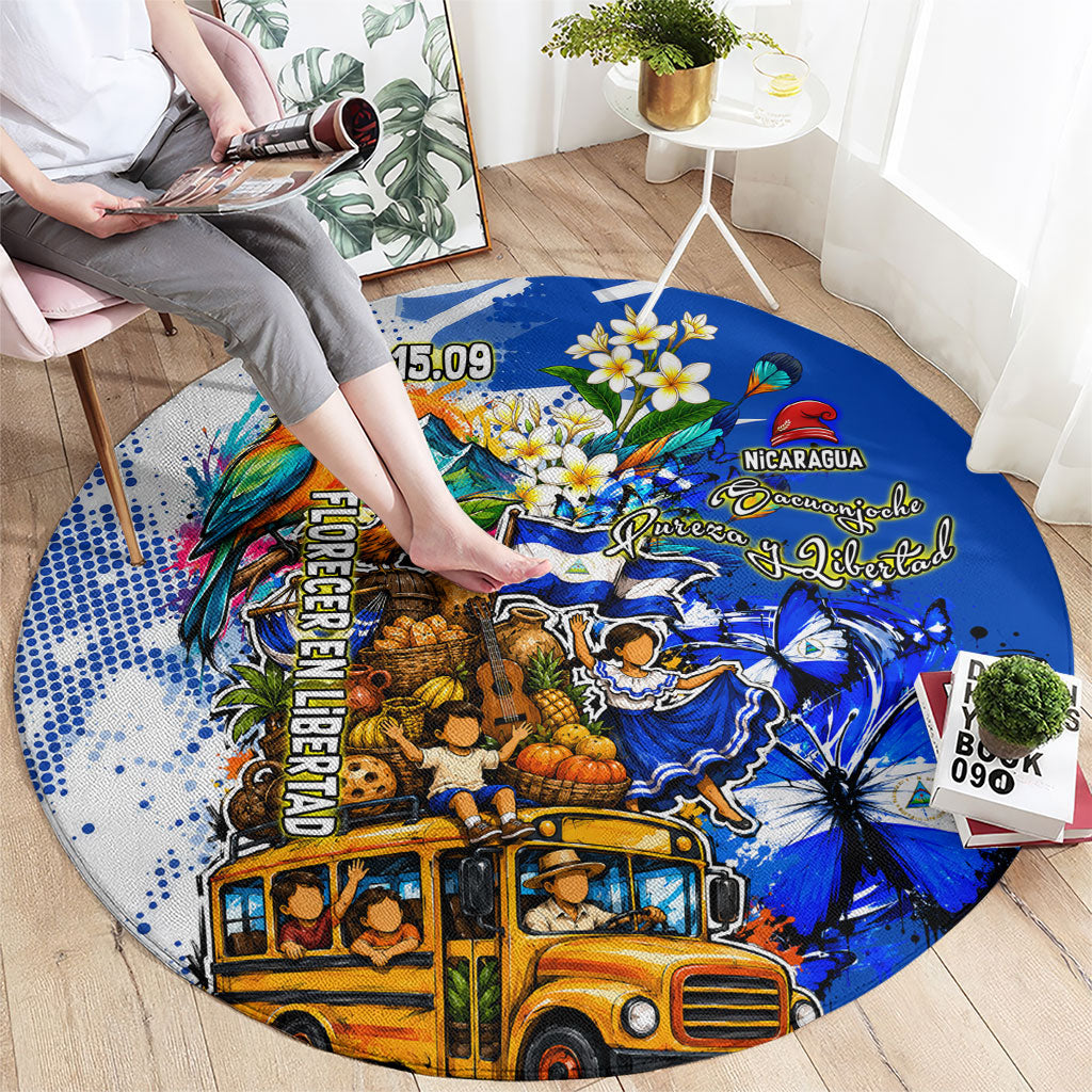 Nicaragua Independence Day Round Carpet Blue Butterfly Sacred Sacuanjoche Cultural Floral Art