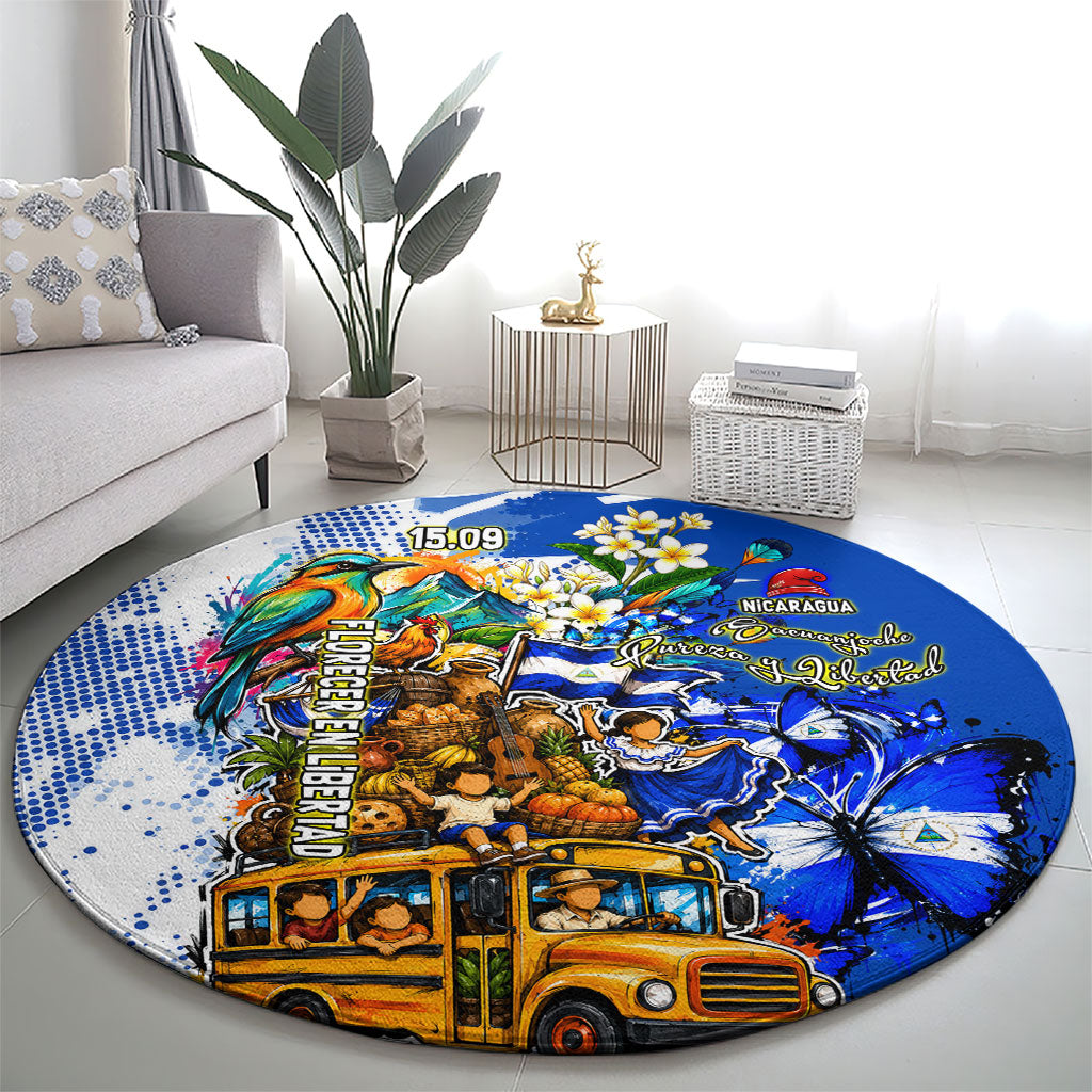 Nicaragua Independence Day Round Carpet Blue Butterfly Sacred Sacuanjoche Cultural Floral Art