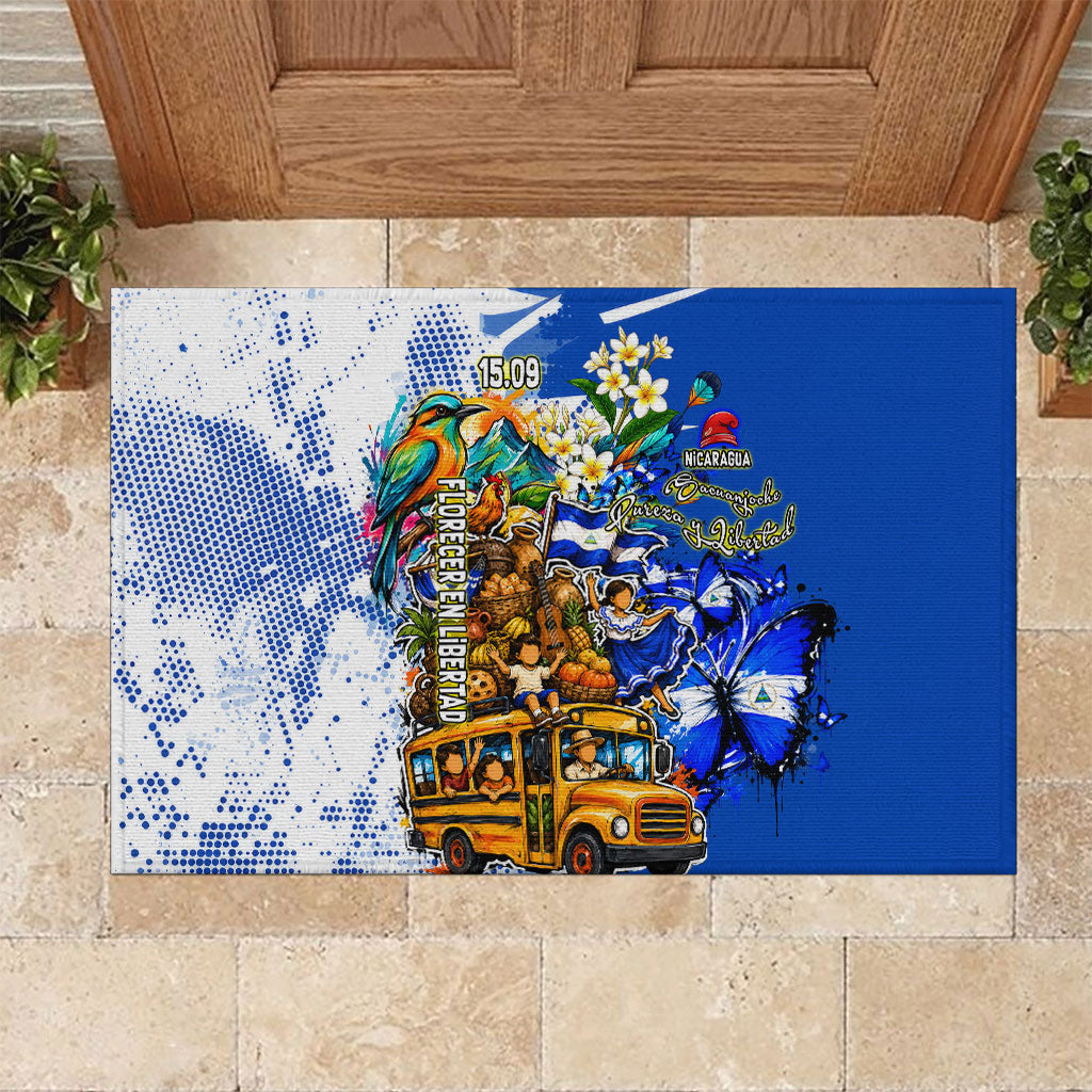 Nicaragua Independence Day Rubber Doormat Blue Butterfly Sacred Sacuanjoche Cultural Floral Art