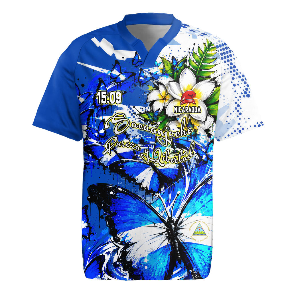 Nicaragua Independence Day Rugby Jersey Blue Butterfly Sacred Sacuanjoche Cultural Floral Art