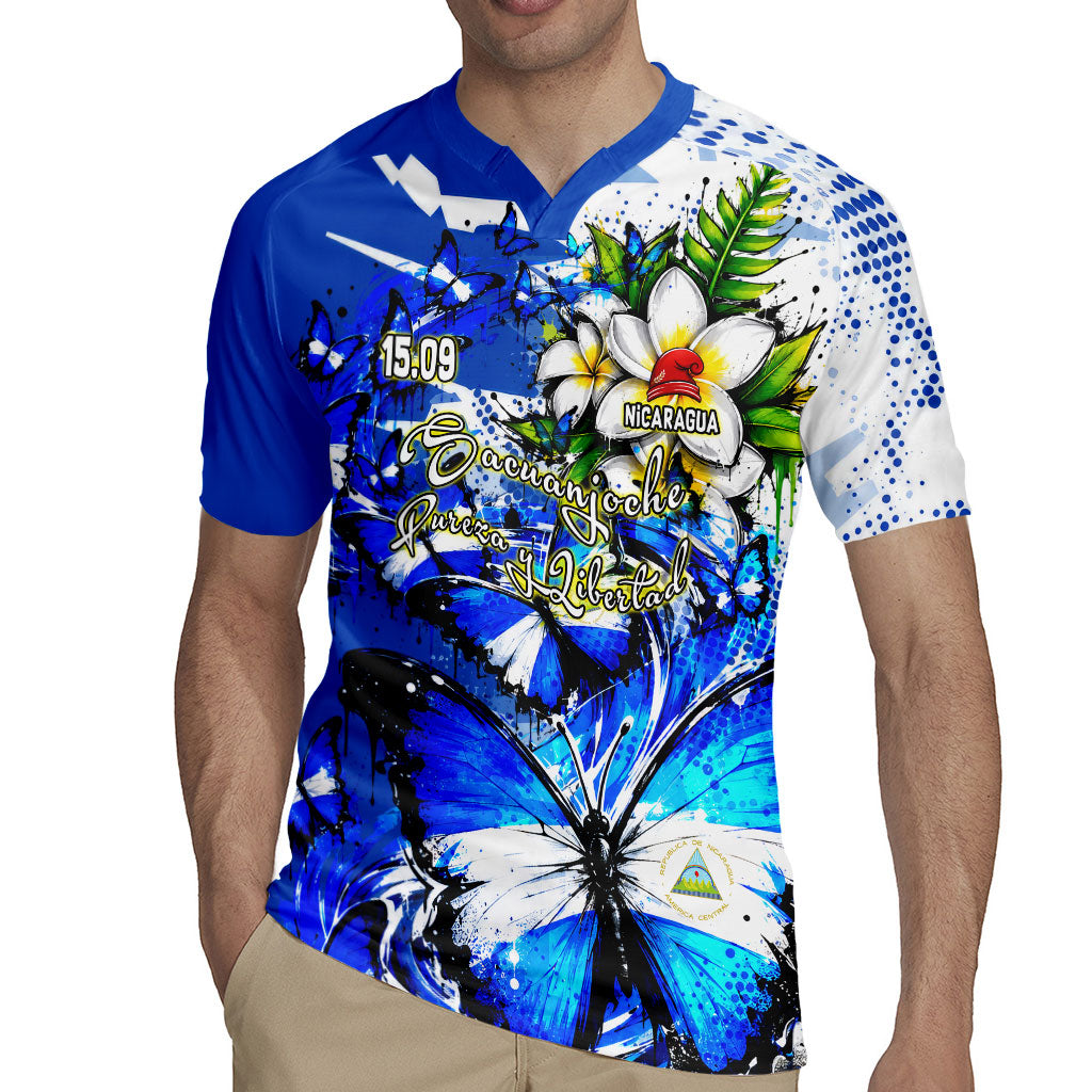 Nicaragua Independence Day Rugby Jersey Blue Butterfly Sacred Sacuanjoche Cultural Floral Art