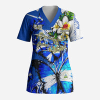 Nicaragua Independence Day Scrub Top Blue Butterfly Sacred Sacuanjoche Cultural Floral Art