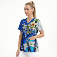 Nicaragua Independence Day Scrub Top Blue Butterfly Sacred Sacuanjoche Cultural Floral Art